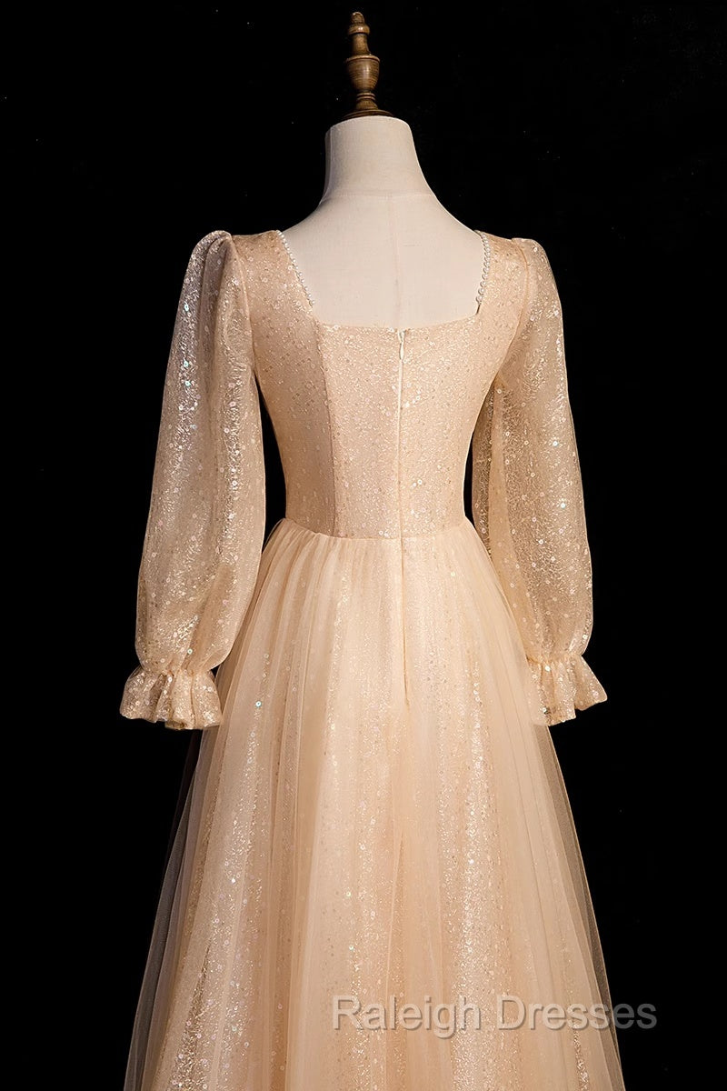 Champagne Short Sleeves Beaded Long Party Dress, A-Line Tulle Prom Dress