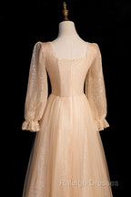Champagne Short Sleeves Beaded Long Prom Dresses A Line Tulle Prom Dresses