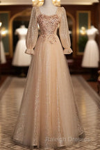 Champagne Short Sleeves Beaded Long Prom Dresses A Line Tulle Prom Dresses