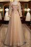 Champagne Short Sleeves Beaded Long Prom Dresses A Line Tulle Prom Dresses