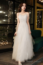 Champagne Spaghetti Strap Long Prom Dresses