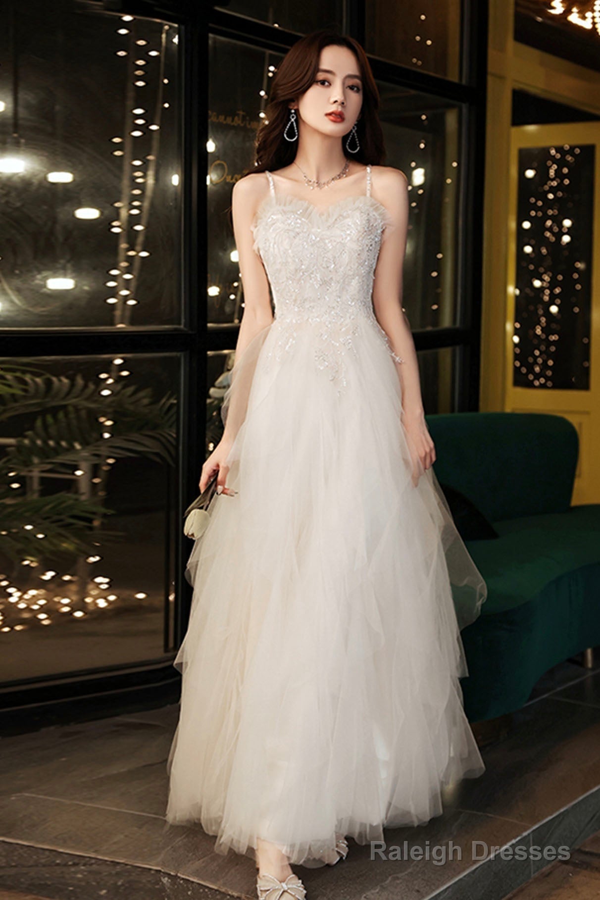 Champagne Spaghetti Strap Long Prom Dresses