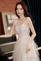 Champagne Spaghetti Strap Long Prom Dress