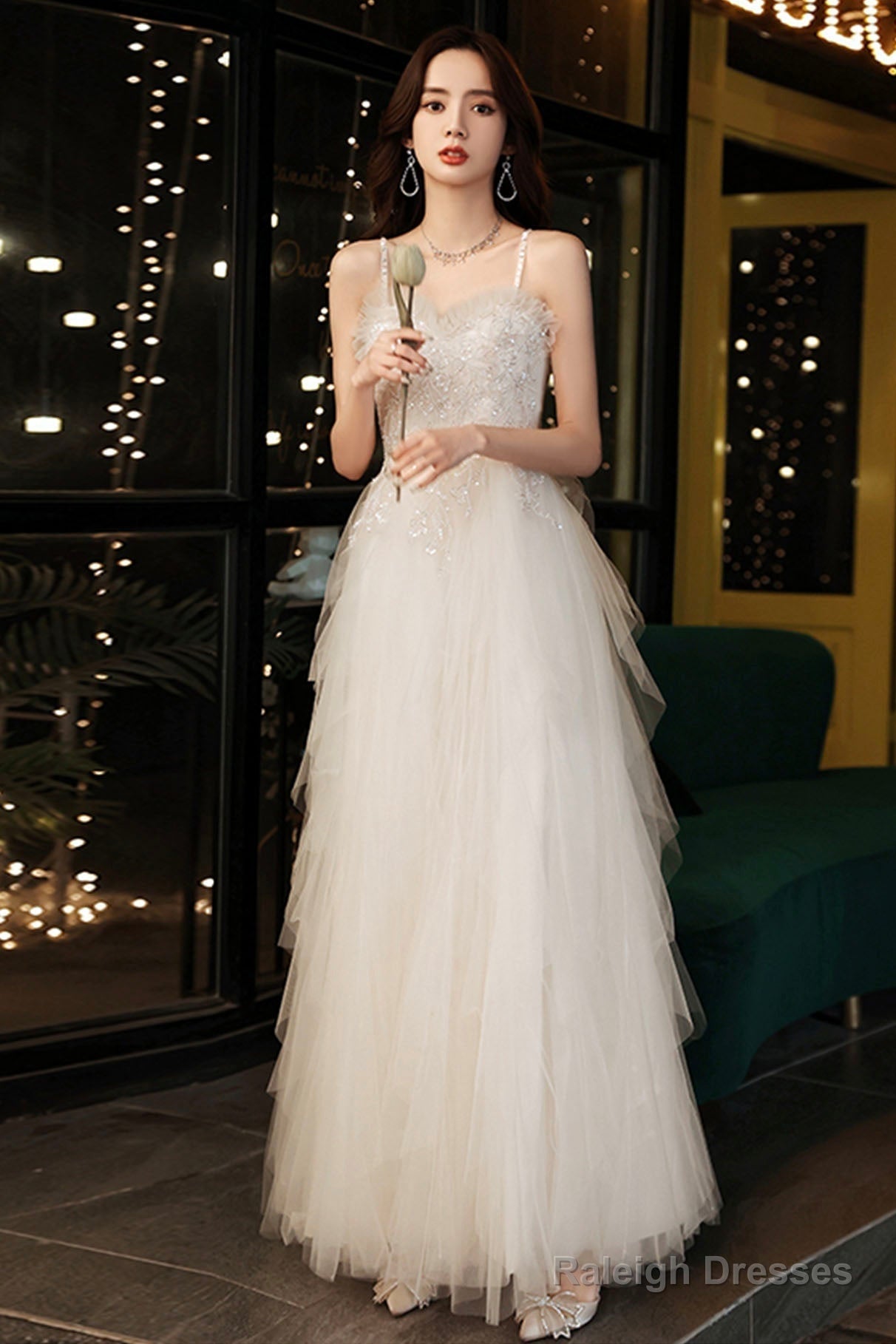 Champagne Spaghetti Strap Long Prom Dresses