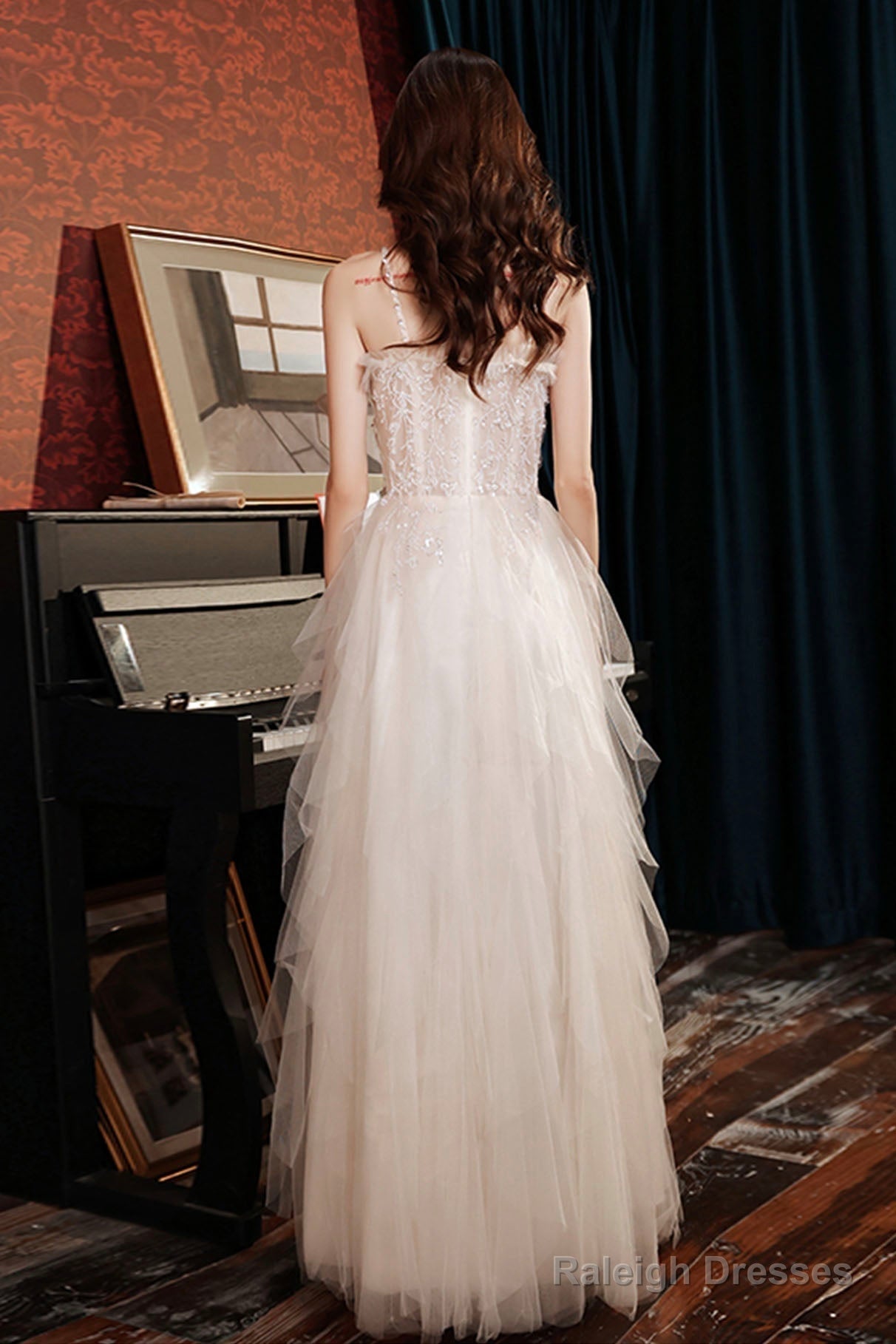 Champagne Spaghetti Strap Long Prom Dresses