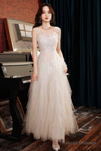Champagne Spaghetti Strap Long Prom Dresses