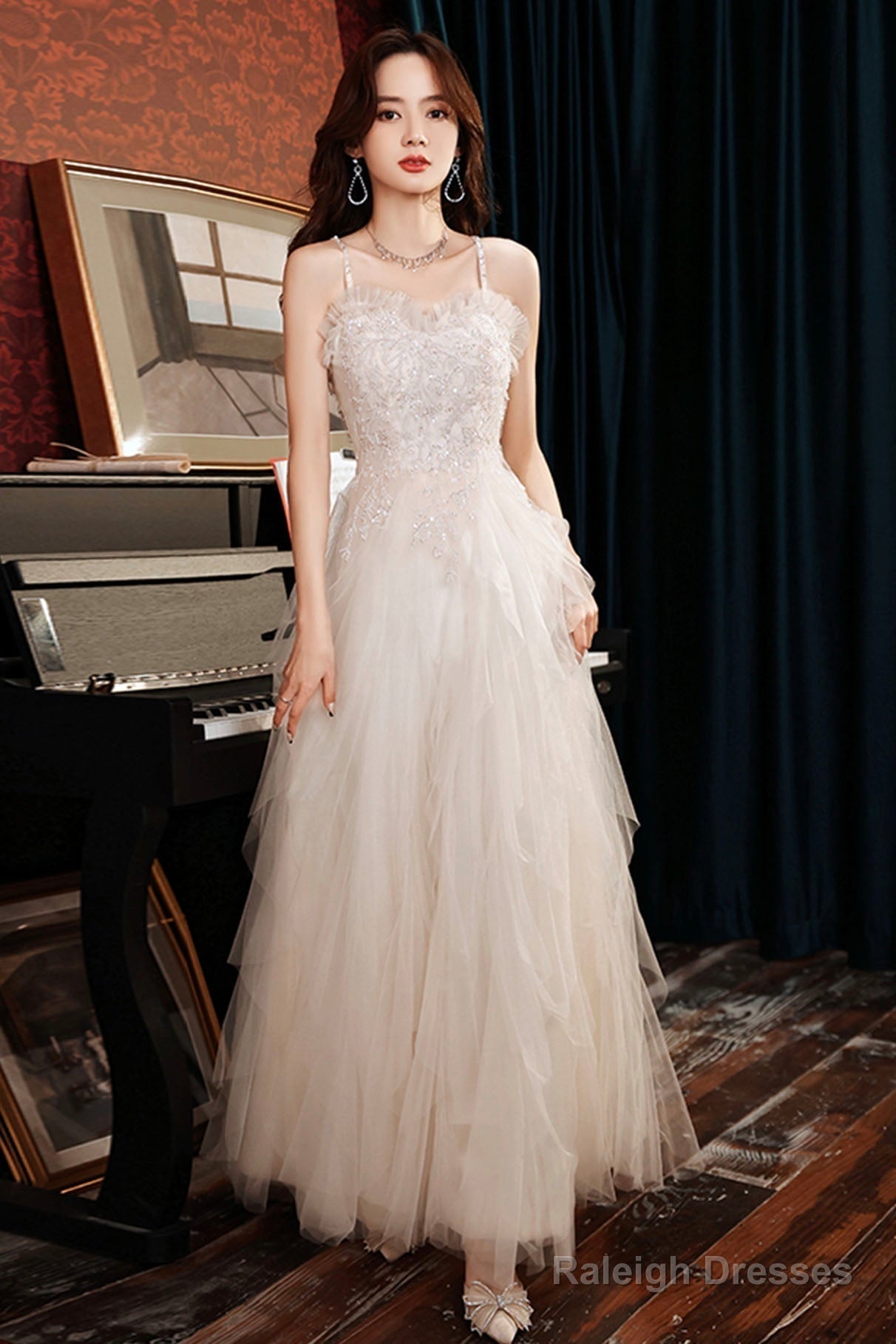 Champagne Spaghetti Strap Long Prom Dresses