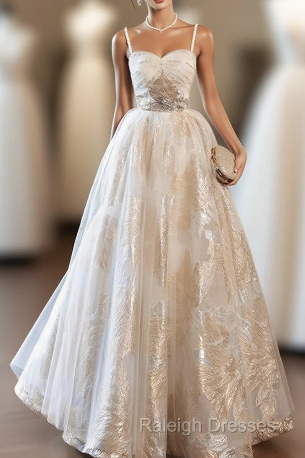 Champagne Spaghetti Strap Tulle Formal Dress, A-Line Sweetheart Neck Evening Party Dress Main image
