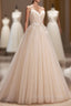 Champagne Spaghetti Strap Tulle Formal Dress with Feathers, Cute A-Line Evening Dress