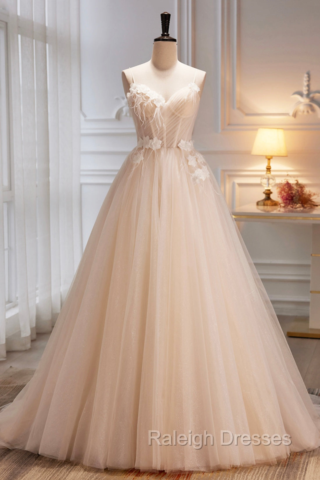 Champagne Spaghetti Strap Tulle Formal Dress with Feathers, Cute A Line Prom Dress Main image