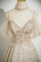 Champagne Spaghetti Strap Tulle Long Prom Dress, Shiny A-Line Evening Dress