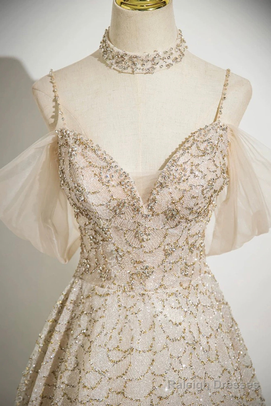 Champagne Spaghetti Strap Tulle Long Prom Dress, Shiny A-Line Evening Dress