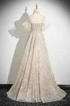 Champagne Spaghetti Strap Tulle Long Prom Dress, Shiny A-Line Evening Dress