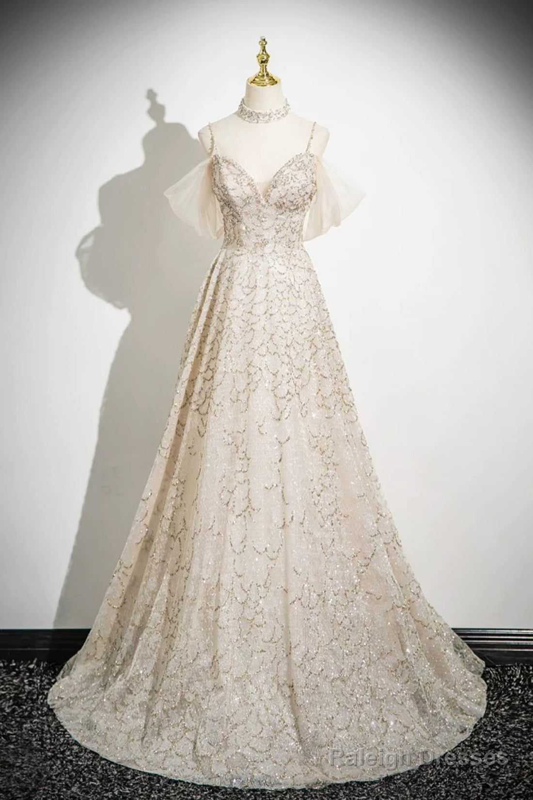 Champagne Spaghetti Strap Tulle Long Prom Dress, Shiny A-Line Evening Dress Main image