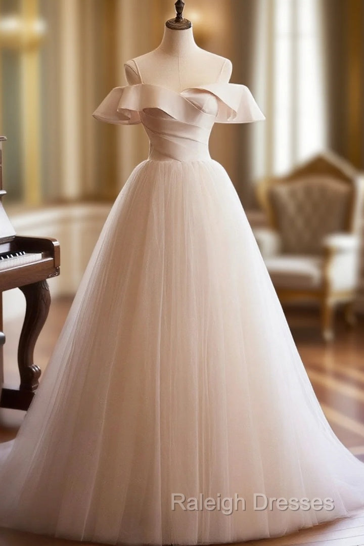 Champagne Spaghetti Straps Floor Length Prom Dresses, A-Line Sleeveless Backless Evening Party Dress