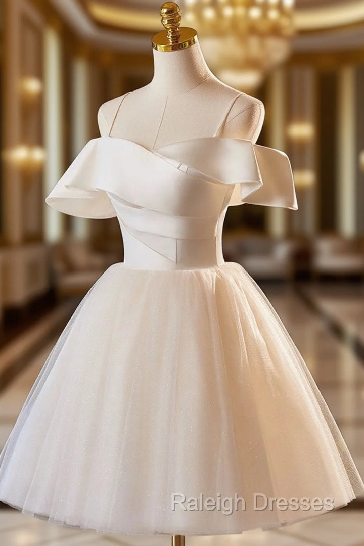 Champagne Spaghetti Straps Knee Length Prom Dress, A-Line Sleeveless Backless Party Dress Main image