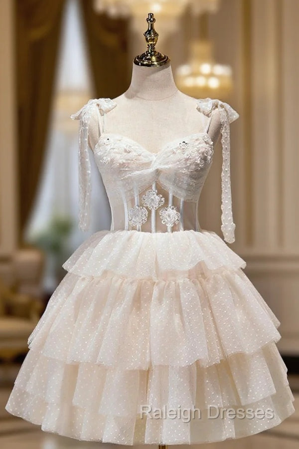 Champagne Spaghetti Straps Lace Party Dress, A-Line Short Homecoming Dress Main image