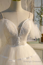 Champagne Spaghetti Straps Lace Short Prom Dress, A Line Prom Dress