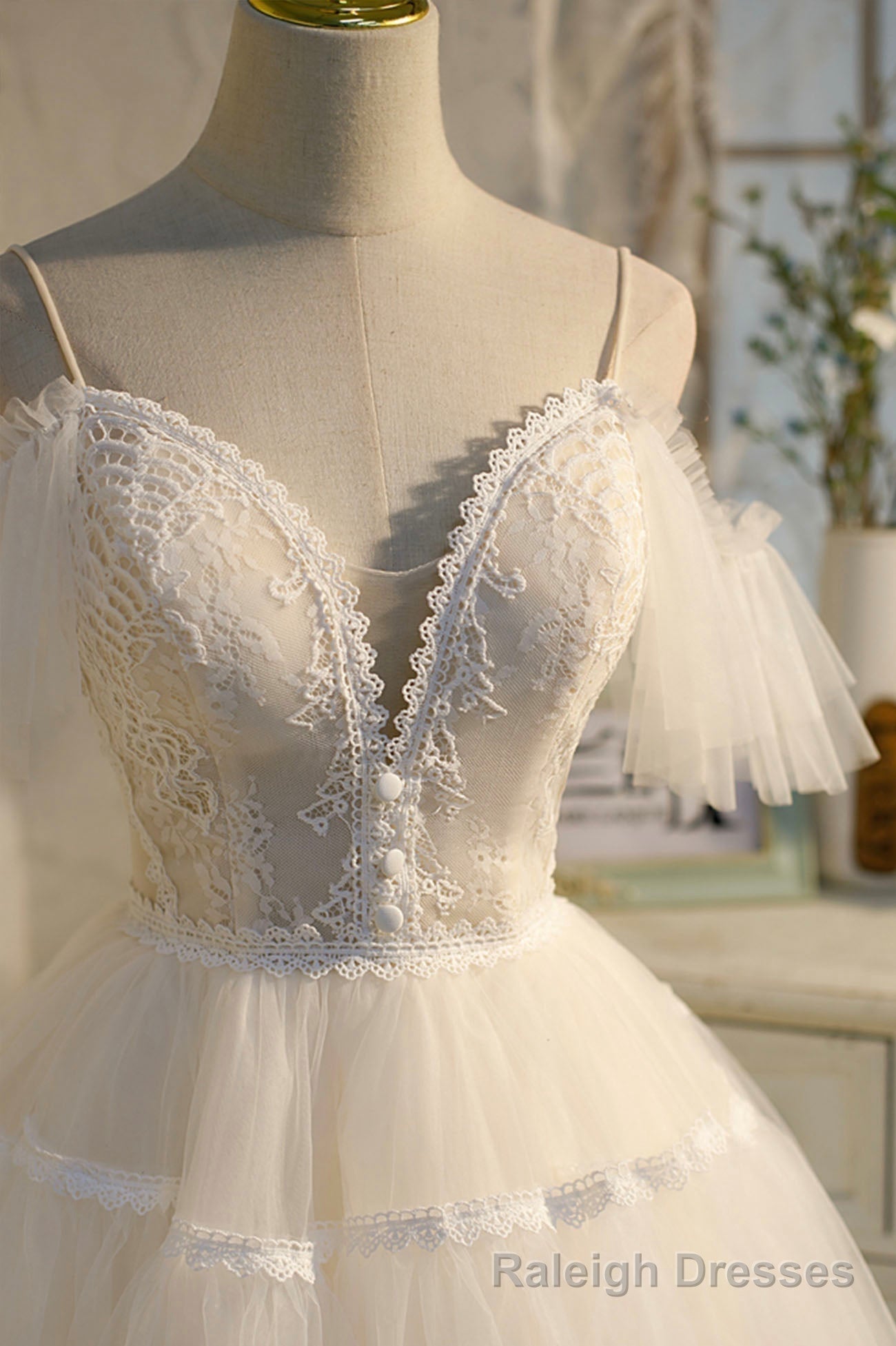 Champagne Spaghetti Straps Lace Short Prom Dress, A Line Prom Dress