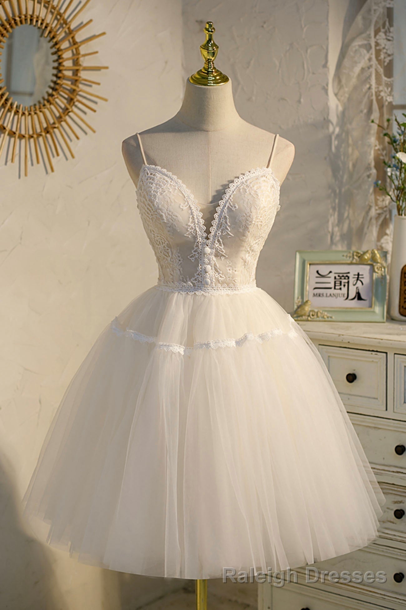 Champagne Spaghetti Straps Lace Short Prom Dress,  A-Line Party Dress Secondary image