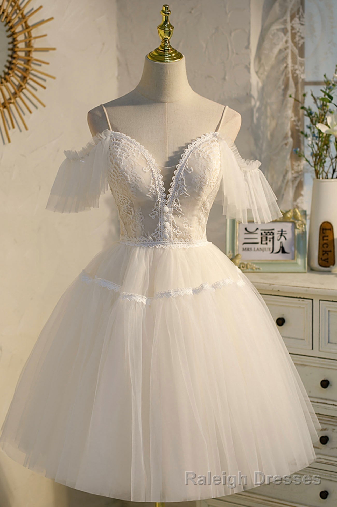Champagne Spaghetti Straps Lace Short Prom Dress, A Line Prom Dress Main image