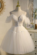 Champagne Spaghetti Straps Lace Short Prom Dress, A Line Prom Dress