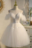 Champagne Spaghetti Straps Lace Short Prom Dress, A Line Prom Dress