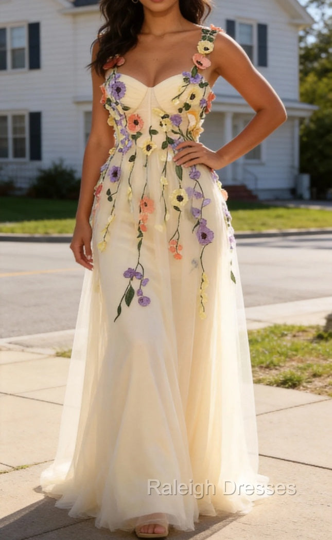 Champagne Spaghetti Straps Prom Dress With 3D Flowers Main image