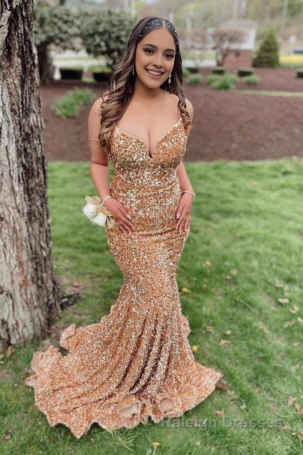 Champagne Spaghetti Straps Sequins Mermaid Prom Dress Main image