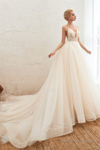 Champagne Spaghetti Straps V-neck Floor Length A-line Lace Tulle Wedding Dresses