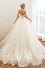 Champagne Spaghetti Straps V-neck Floor Length A-line Lace Tulle Wedding Dresses