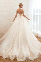 Champagne Spaghetti Straps V-neck Floor Length A-line Lace Tulle Wedding Dresses