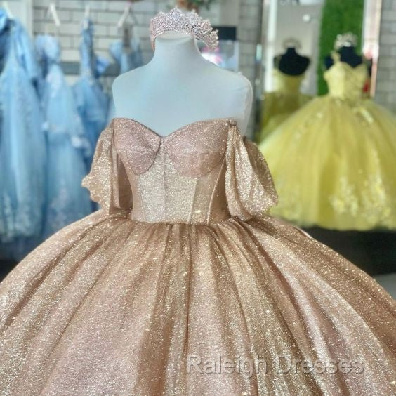 Champagne Sparkle Ball Gown Off-the-Shoulder Short Sleeves Quinceanera Dress Secondary image