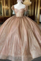 Champagne Sparkle Ball Gown Off-the-Shoulder Short Sleeves Quinceanera Dress