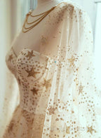 Champagne Stars A-Line Tulle Long Formal Dress, Champagne Prom Dress