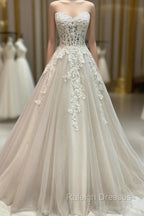 Champagne Strapless Lace Long Prom Dress, A Line Formal Prom Dress