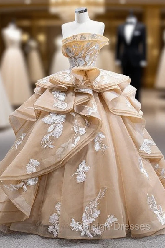 Champagne Strapless Tulle Appliques Prom Dress Main image