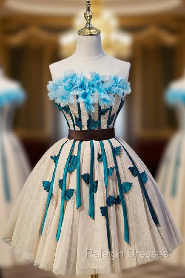 Champagne Strapless Tulle Flower Homecoming Dress