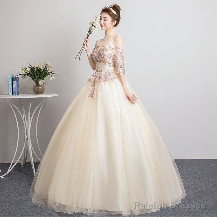Champagne Sweet 16 Gown Long Party Dress, Straps Evening Formal Dresses