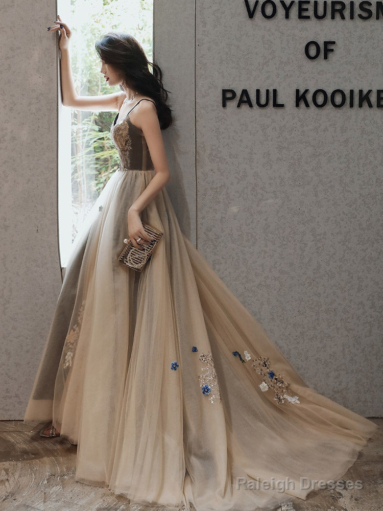 Champagne Sweetheart Beaded And Lace Long Prom Dresses A-Line Champagne Prom Dresses
