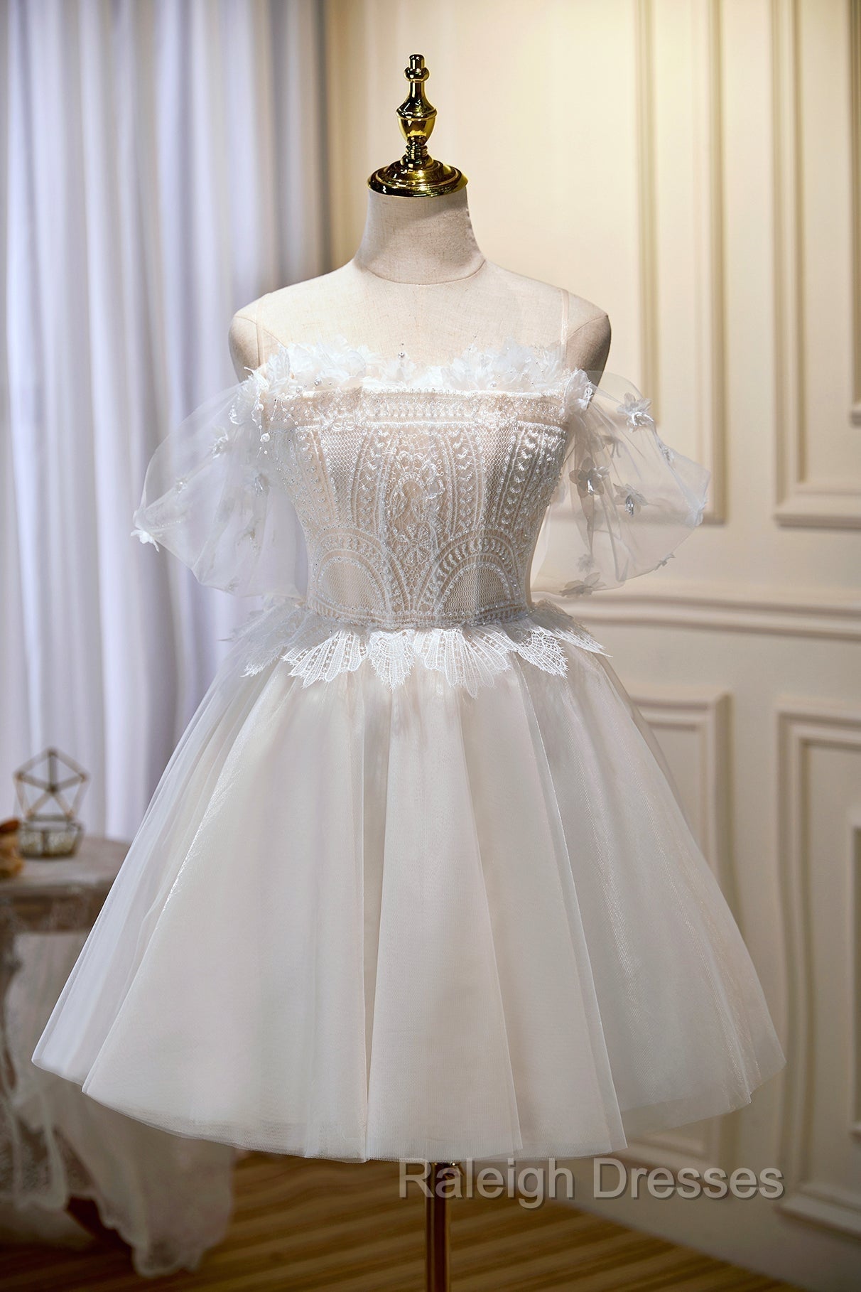 Champagne Sweetheart Lace Tulle Party Dress, A-Line Homecoming Dress Main image