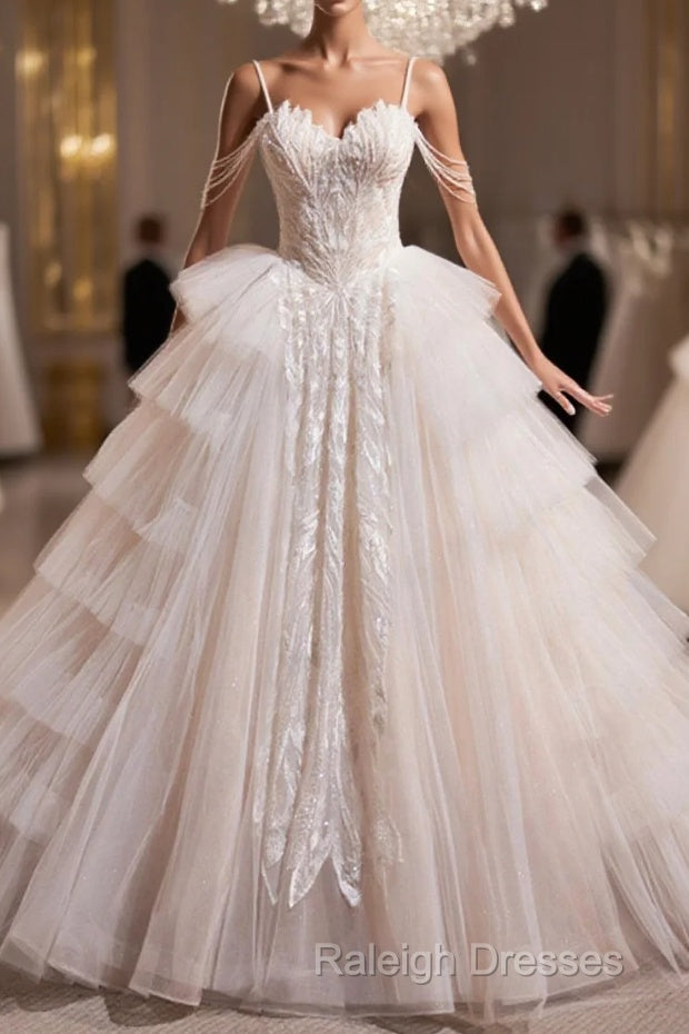 Champagne Sweetheart Layers Princess Dress, Beautiful Spaghetti Straps Tulle Formal Gown Main image