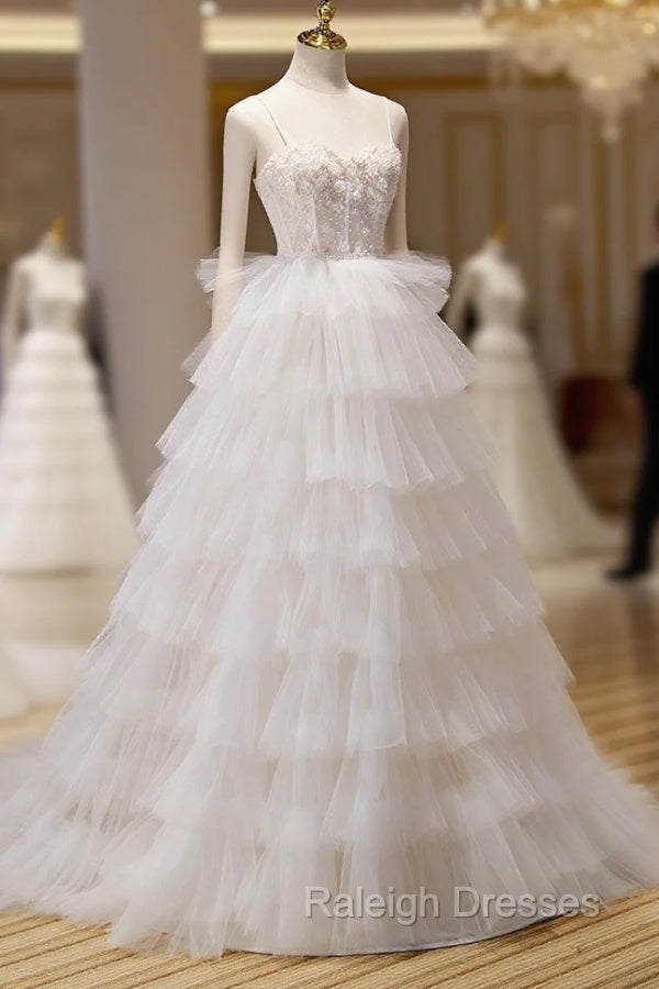 Champagne Sweetheart Layers Princess Dress, Spaghetti Straps Tulle Formal Gown