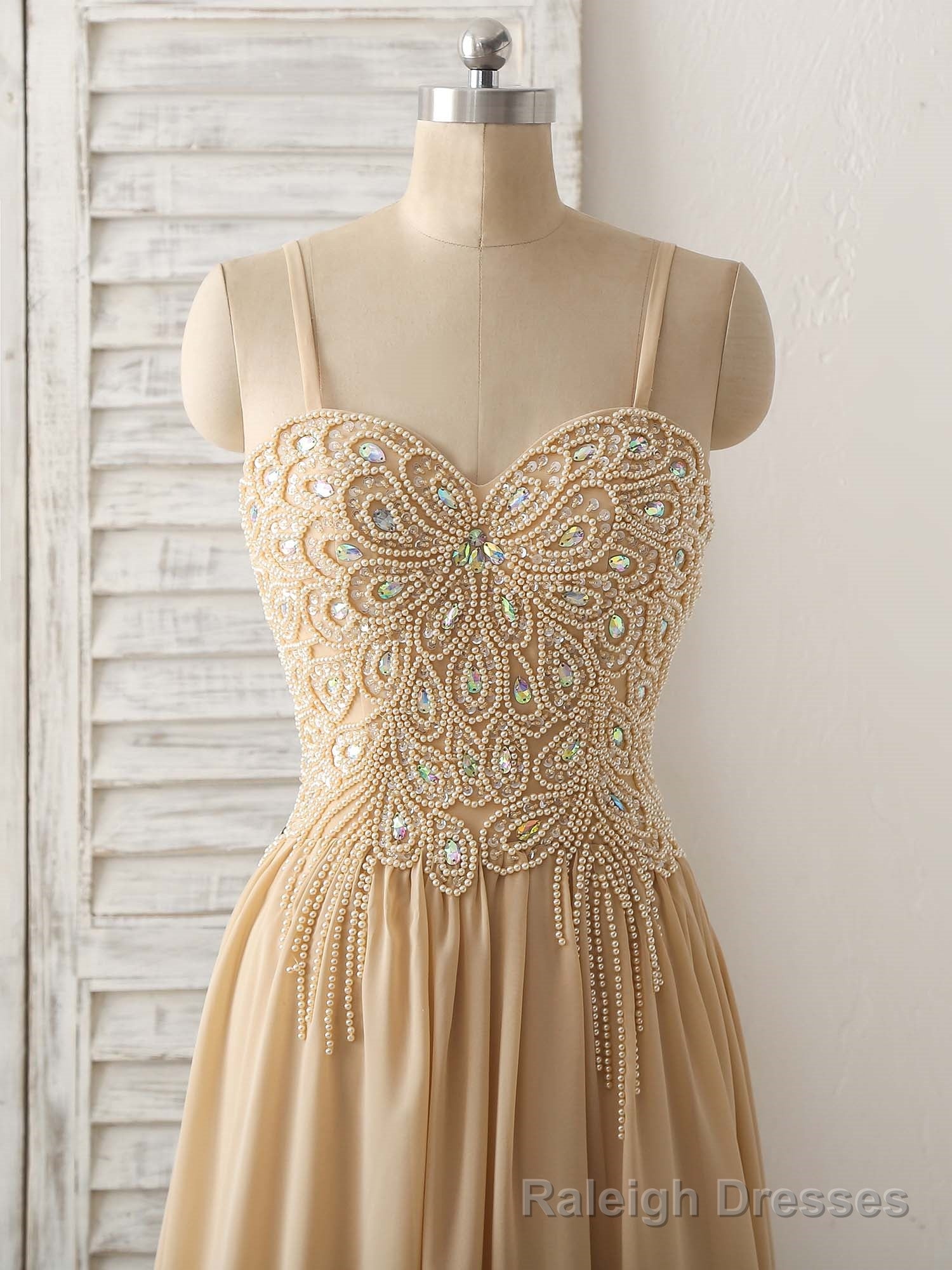 Champagne Sweetheart Neck Beads Long Prom Dress Evening Dress