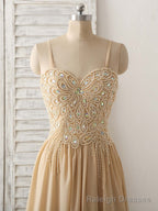 Champagne Sweetheart Neck Beads Long Prom Dress