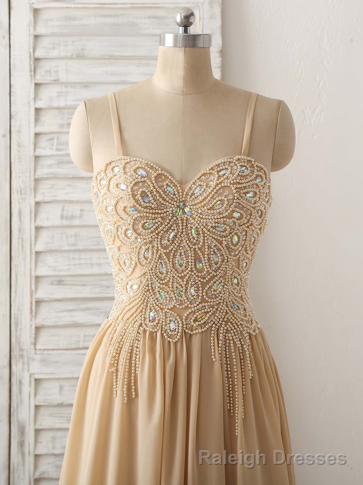 Champagne Sweetheart Neck Beads Long Prom Dress