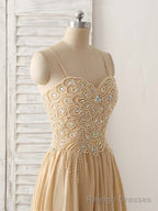 Champagne Sweetheart Neck Beads Long Prom Dress