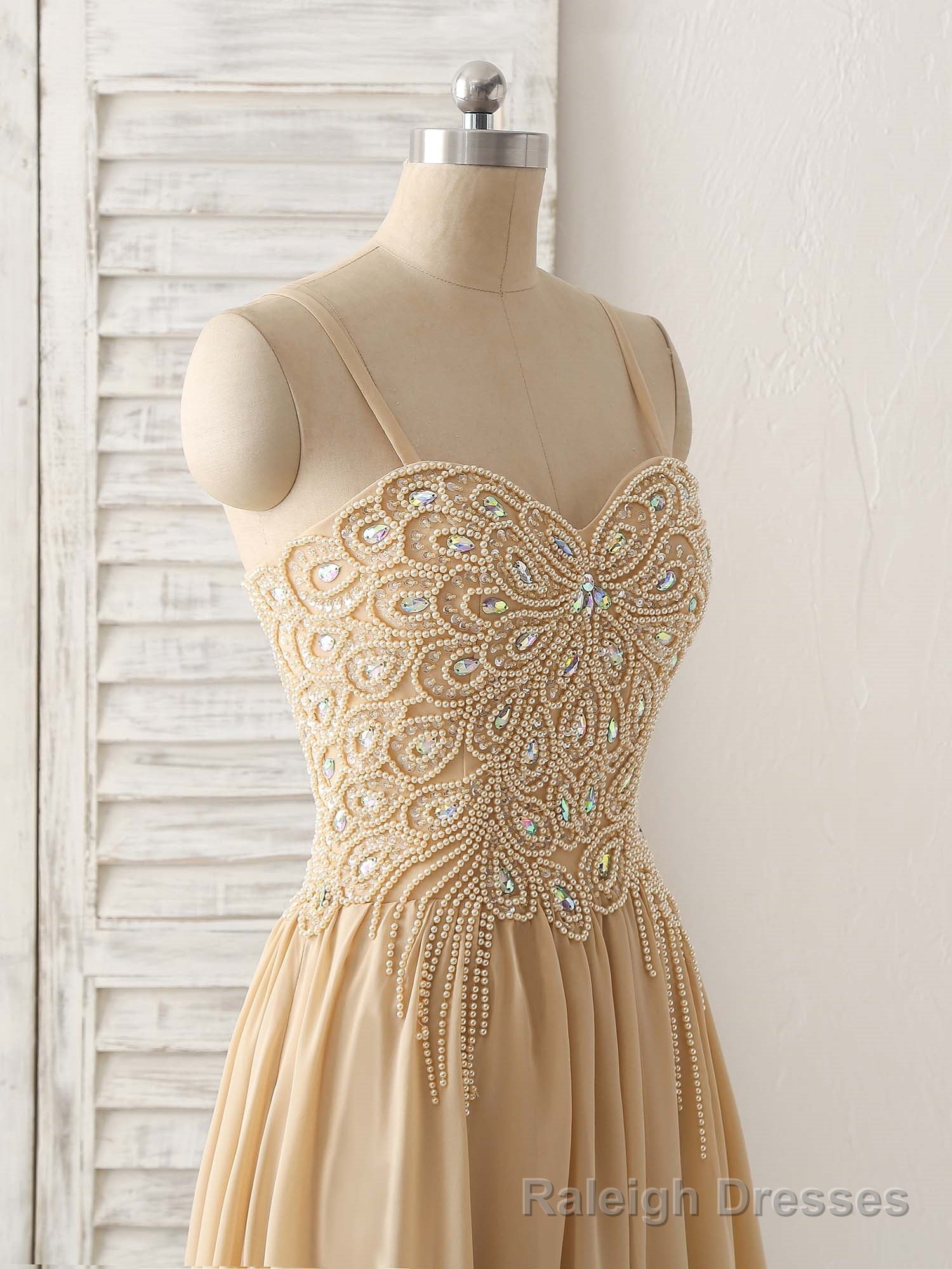 Champagne Sweetheart Neck Beads Long Prom Dress