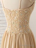 Champagne Sweetheart Neck Beads Long Prom Dress