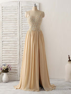 Champagne Sweetheart Neck Beads Long Prom Dress